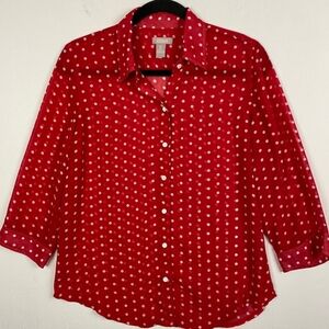 Chico's Red Polka Dot Sheer Button Up Top